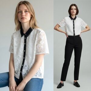 KARL LAGERFELD PARIS Lace Button-Up Blouse Contrast-Trim Point Collar